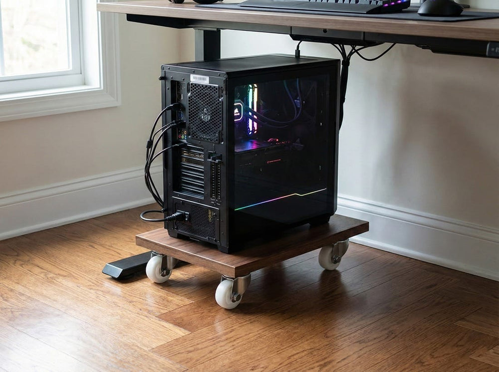 Orgemy office setup showing PC tower on wooden trolley under the desk.