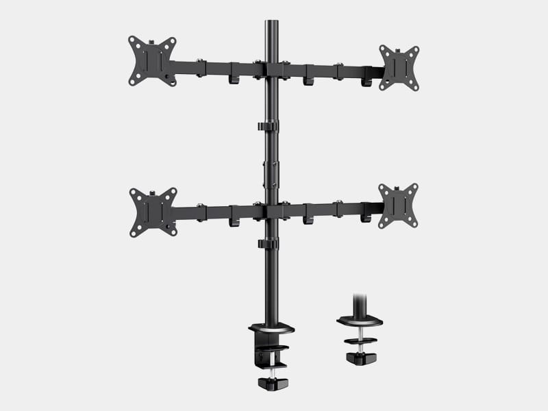 Furnotix quad monitor stand with black steel arms for 4 screens.