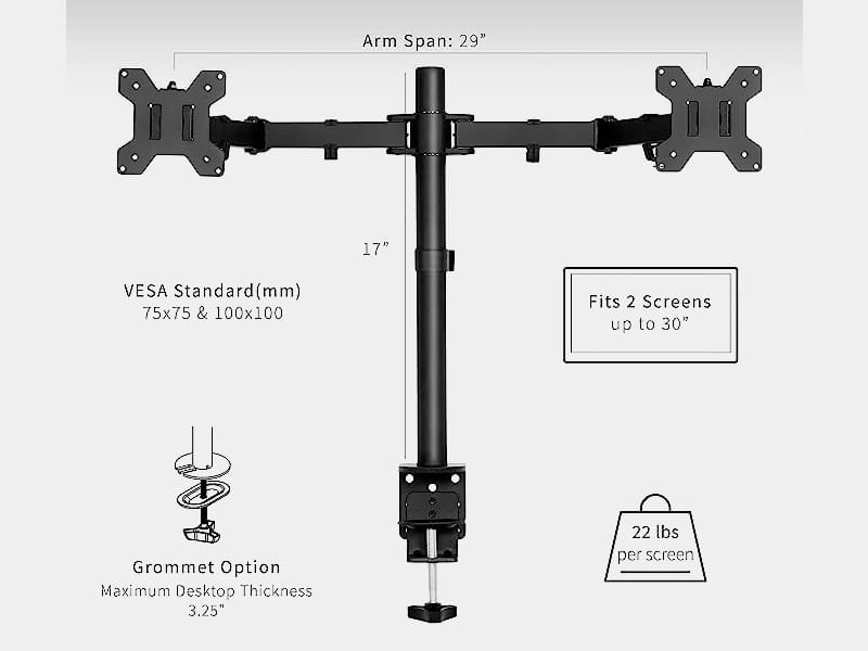 Orgemy dual monitor arm with heavy-duty black steel construction for two screens.