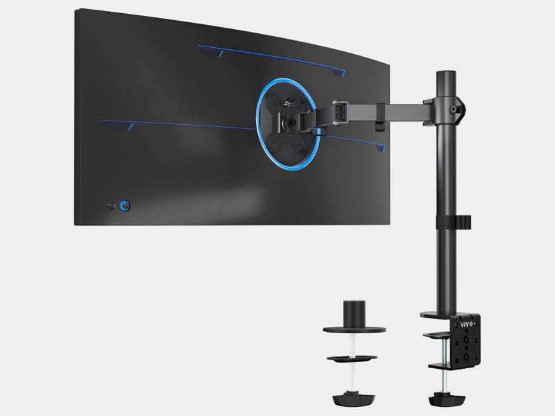 Back view of Orgemy monitor stand showing C-Clamp attachment to desk edge.
