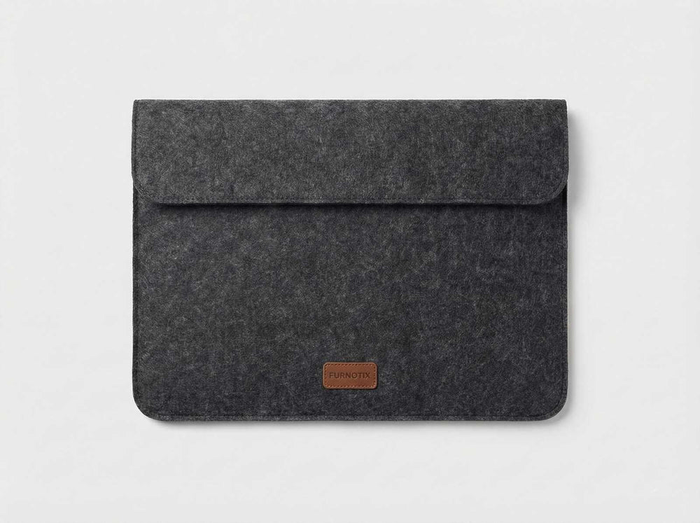 Closed view of Orgemy felt sleeve showing premium leather logo patch.