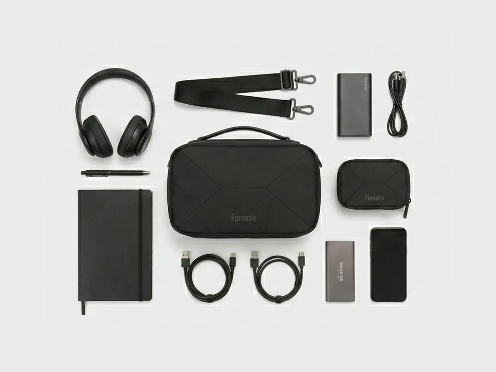 Orgemy black tech pouch with shoulder strap and mini pouch accessory.