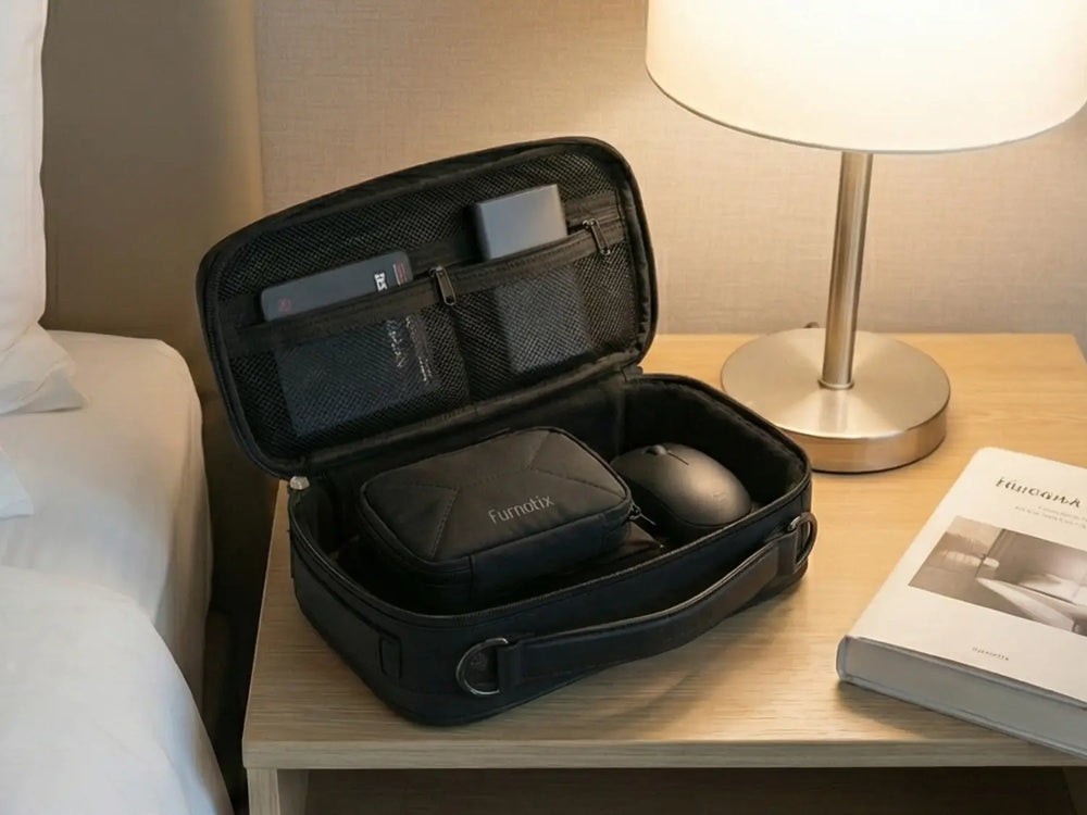 Orgemy Tech Pouch on a Drawer Cabinet inside view under table lamp