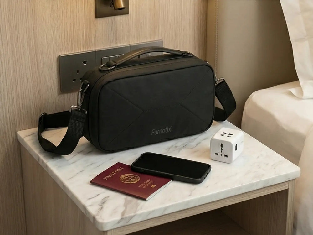 Tech organizer pouch on a hotel table with coffee and passport, travel ready.