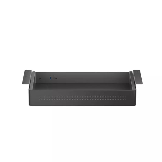 Orgemy small black metal under desk drawer with perforated front design.