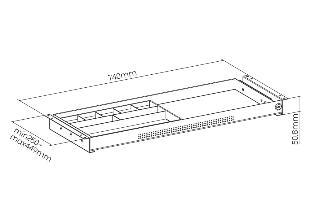 Technical diagram showing 740mm (29") width and knee-friendly 250mm (10") depth.