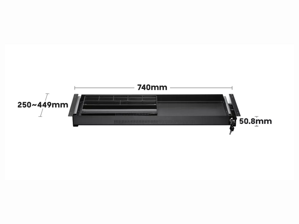 Showing dimensions of black steel drawer for secure office storage.