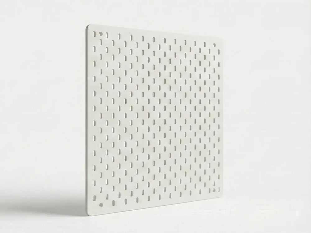 Tilt view of Orgemy white modular pegboard panel 19x20 inches with vertical slots.