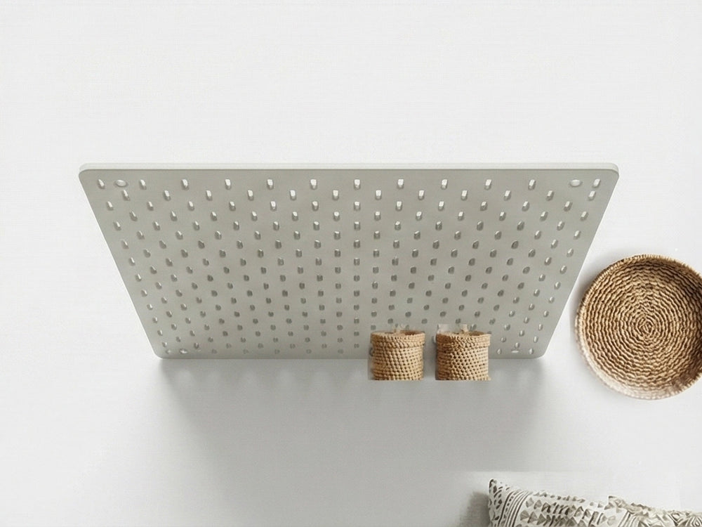 Top down view of Orgemy white modular pegboard panel 19x20 inches with vertical slots.
