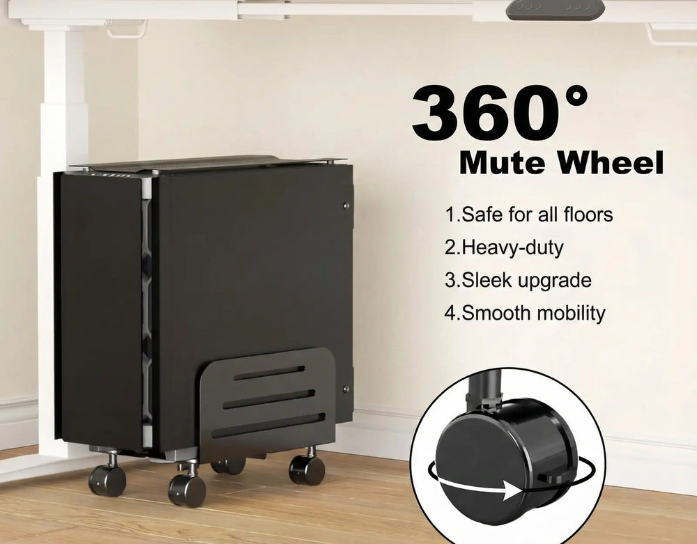 Close up of 360 degree mute caster wheels on black PC stand under a desk.