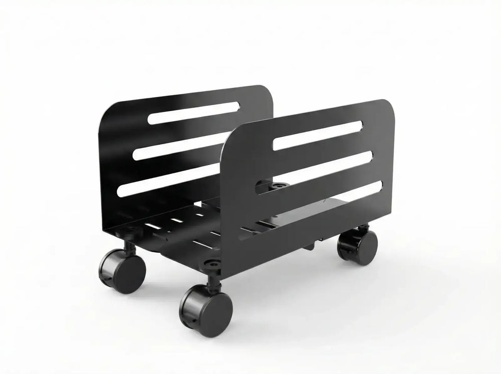 Orgemy matte black adjustable CPU holder with wheels and vented bottom design.