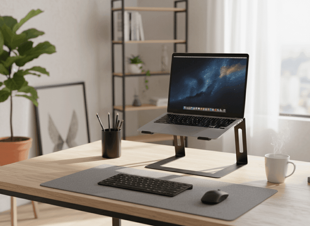 Black metal laptop stand in a home office setup in zoom in view