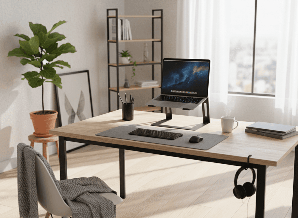 Black Metal laptop stand in a home office