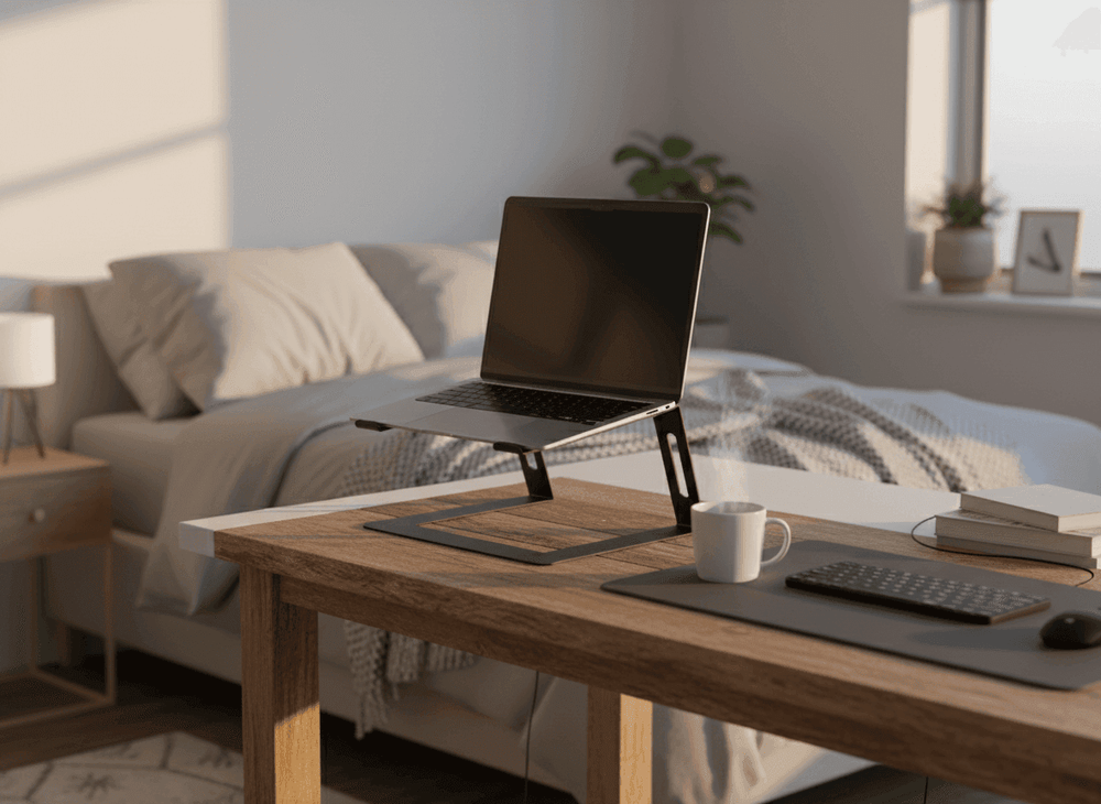 Black Metal Laptop Stand in Bedroom