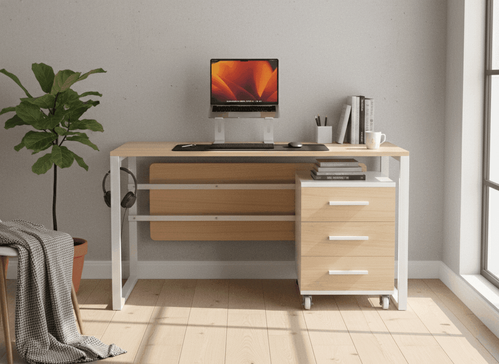 White Metal and Lighting Wood Desk Setup with Laptop Stand