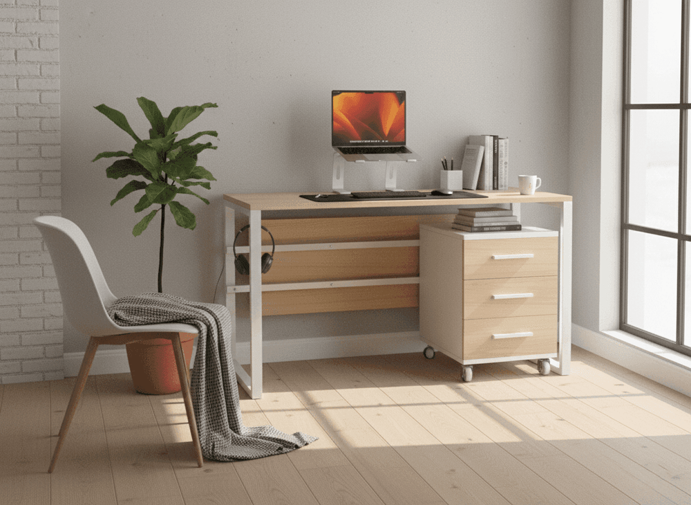 Whte matel and light wood manager desk with laptop stand on top