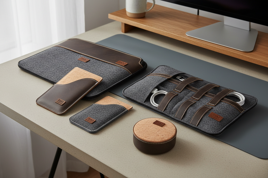 Orgemy leather desk essentials bundle with full-grain pad, mouse pad and wrist rests