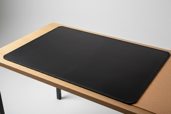 Orgemy full-grain leather desk pad in midnight black with hand-stitched edges on a minimal workspace