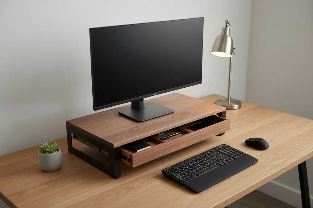 Orgemy steel and walnut monitor riser with drawer on a minimal desk setup
