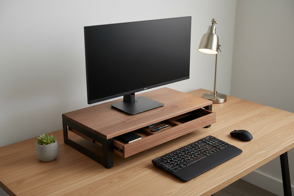 Orgemy steel and walnut monitor riser with drawer on a minimal desk setup