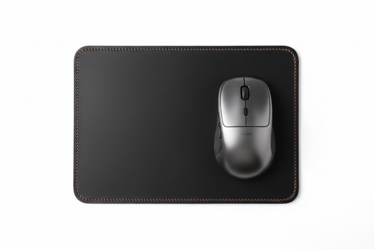 Orgemy full-grain leather mouse pad top-down view with mouse resting on midnight black surface