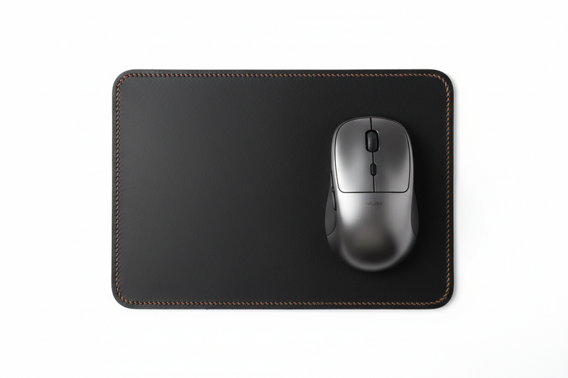 Orgemy full-grain leather mouse pad top-down view with mouse resting on midnight black surface