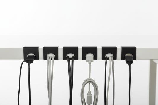 Orgemy matte black steel desk cable holder clips row of 5 holding cables neatly on desk edge