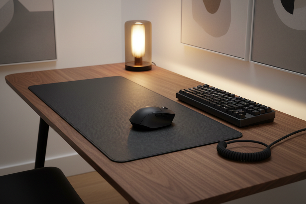 Orgemy leather mouse pad lifestyle shot on walnut desk with mouse and mechanical keyboard