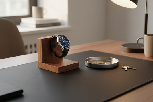 Orgemy walnut watch stand lifestyle shot on leather desk pad with valet tray