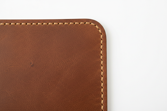 Orgemy leather mouse pad close-up corner showing hand-stitched edges and natural grain texture