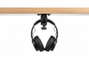 Orgemy matte black under-desk headphone hook front view with headphones hanging