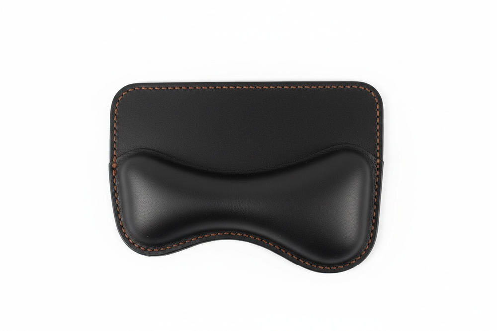 Orgemy full-grain leather mouse wrist rest top-down view midnight black with hand-stitched edges