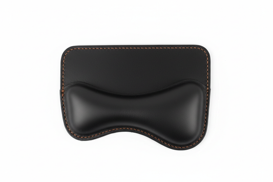 Orgemy full-grain leather mouse wrist rest top-down view midnight black with hand-stitched edges