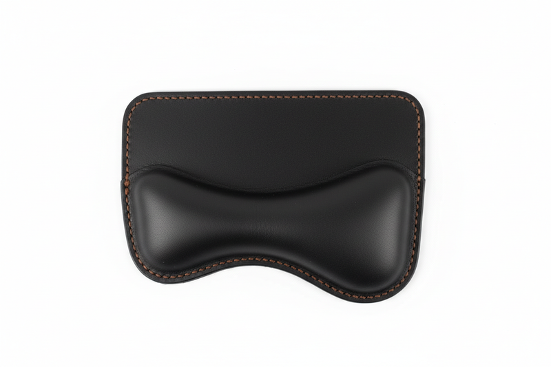 Orgemy full-grain leather mouse wrist rest top-down view midnight black with hand-stitched edges