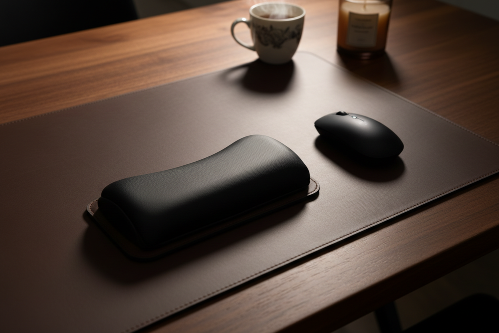 Orgemy leather mouse rest lifestyle shot beside mouse on walnut desk with leather desk pad