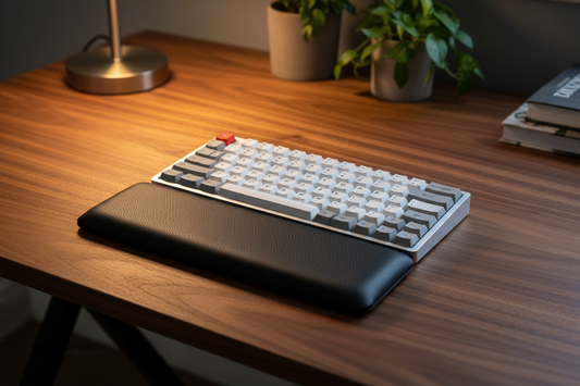Orgemy leather keyboard wrist rest lifestyle shot in front of mechanical keyboard on walnut desk