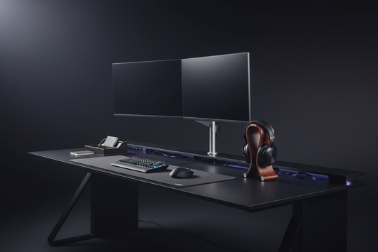 Orgemy dual monitor power bundle with dual arm, leather pad and cable management