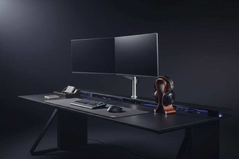 Orgemy dual monitor power bundle with dual arm, leather pad and cable management